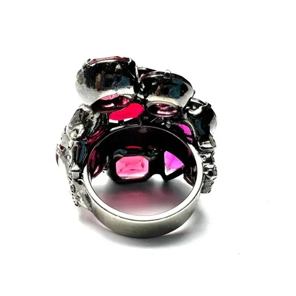 Vintage 1980s Robert Sorrell Cocktail Cluster Ring—Massive Red Pink Rhinestones - Picture 5 of 11